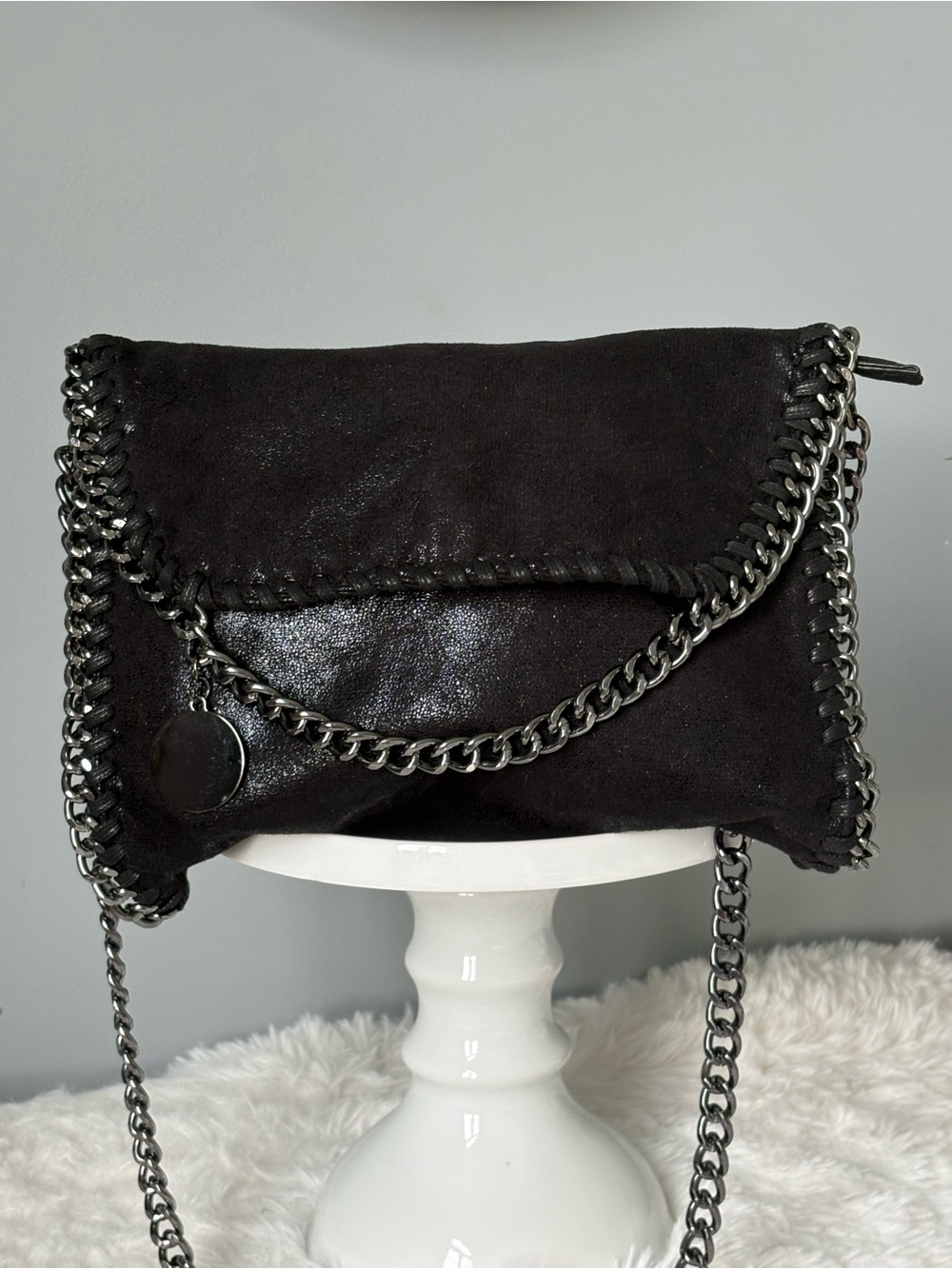 Designer Inspired Black Shimmer Chain Trim Crossbody Bag
